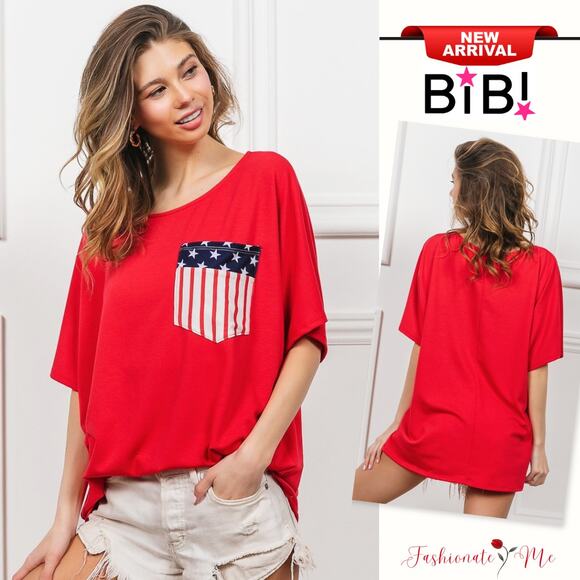 BiBi American Flag Theme French Terry Front Pocket Dolman Sleeves T-Shirt | Red - Picture 1 of 9